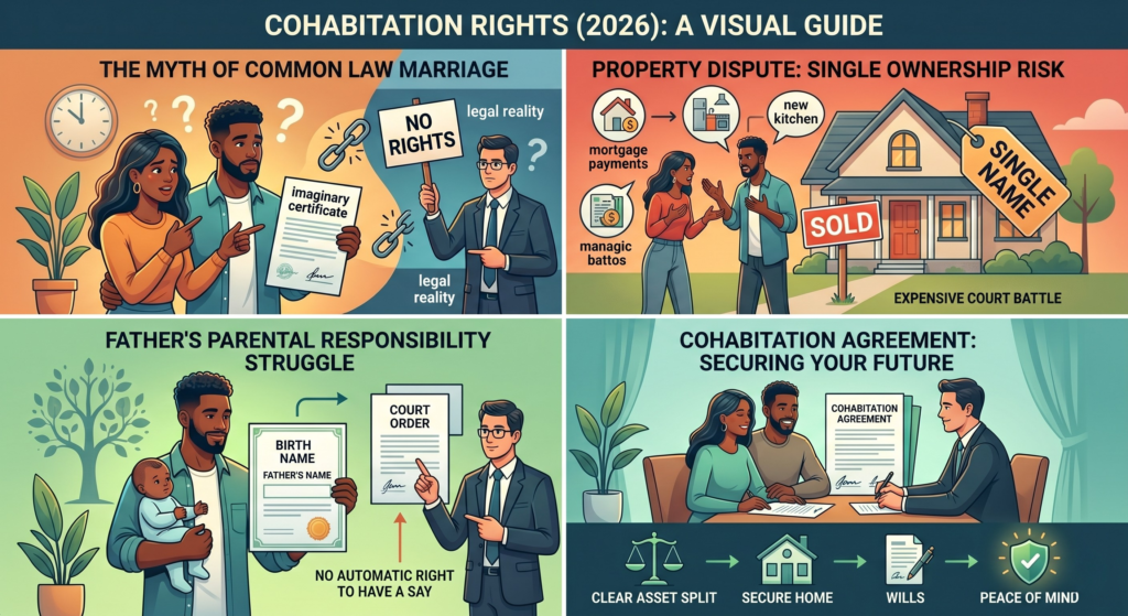 Visual guide explaining the legal risks for cohabiting unmarried couples and how to protect themselves with a cohabitation agreement.