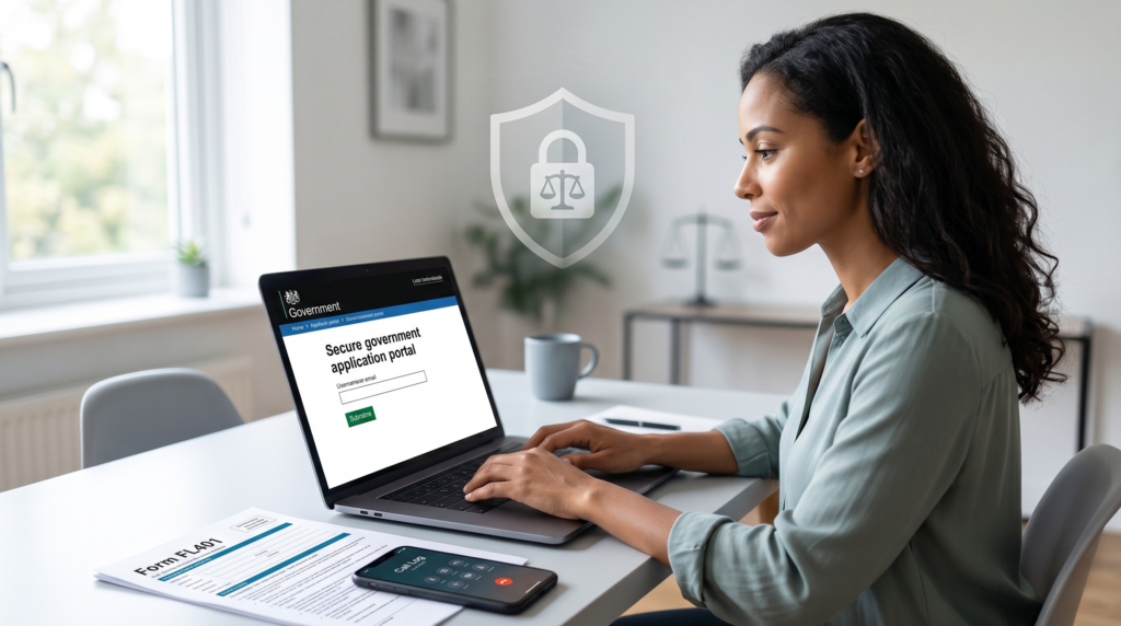 A woman calmly filling out a Non-Molestation Order application on a laptop to seek legal protection in the UK.