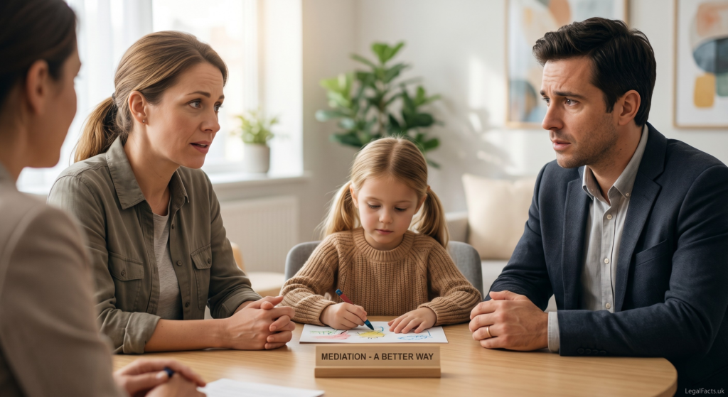 A family sitting with a mediator, a young child drawing at the table during a child arrangements mediation session.
