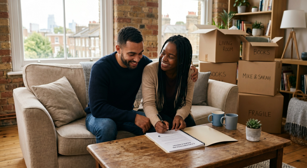 A happy unmarried couple in their UK home reviewing a Cohabitation Agreement document to protect their shared financial assets and property.