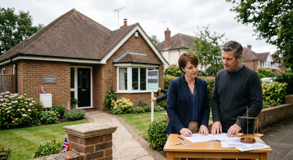 A professional couple reviewing divorce settlement documents outside their UK family home with a 'For Sale' sign in the background, representing asset division.