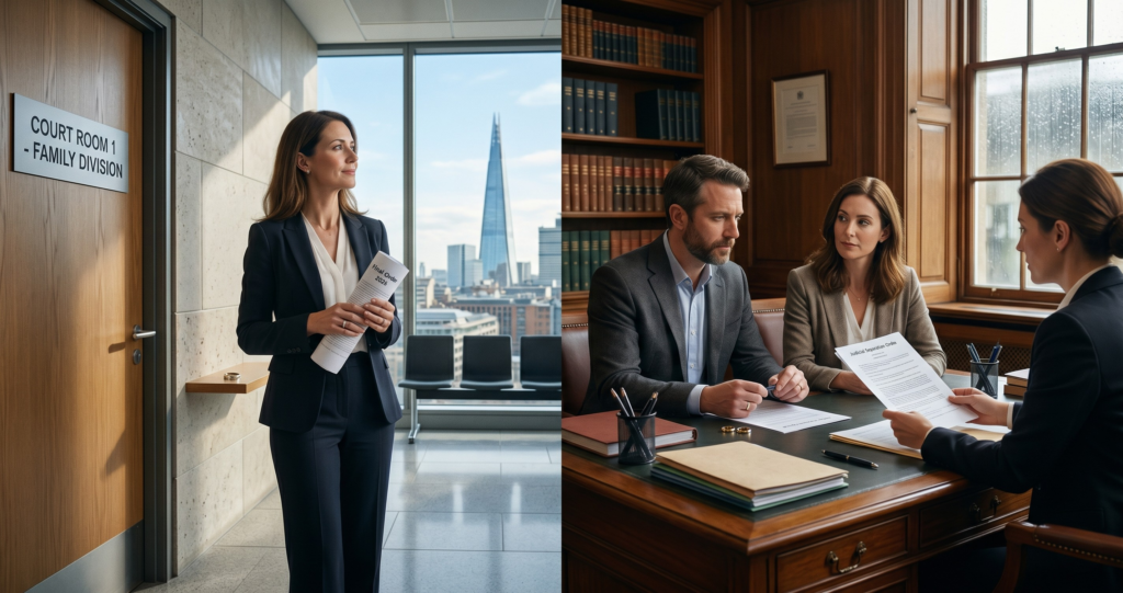 A side-by-side comparison of a woman representing divorce looking at a city skyline and a couple with a solicitor discussing a legal separation order.