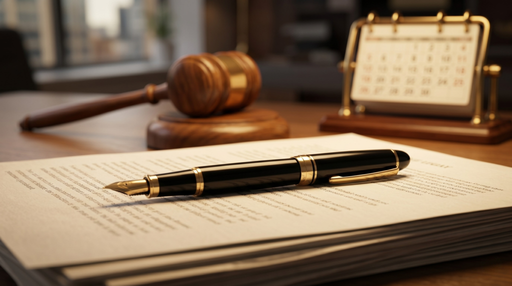 Legal documents and a gavel representing factors that can delay a UK divorce process.