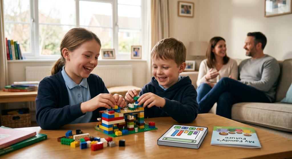 Two children playing with LEGO while parents sit in the background representing a family planning for child maintenance in the UK 2026.