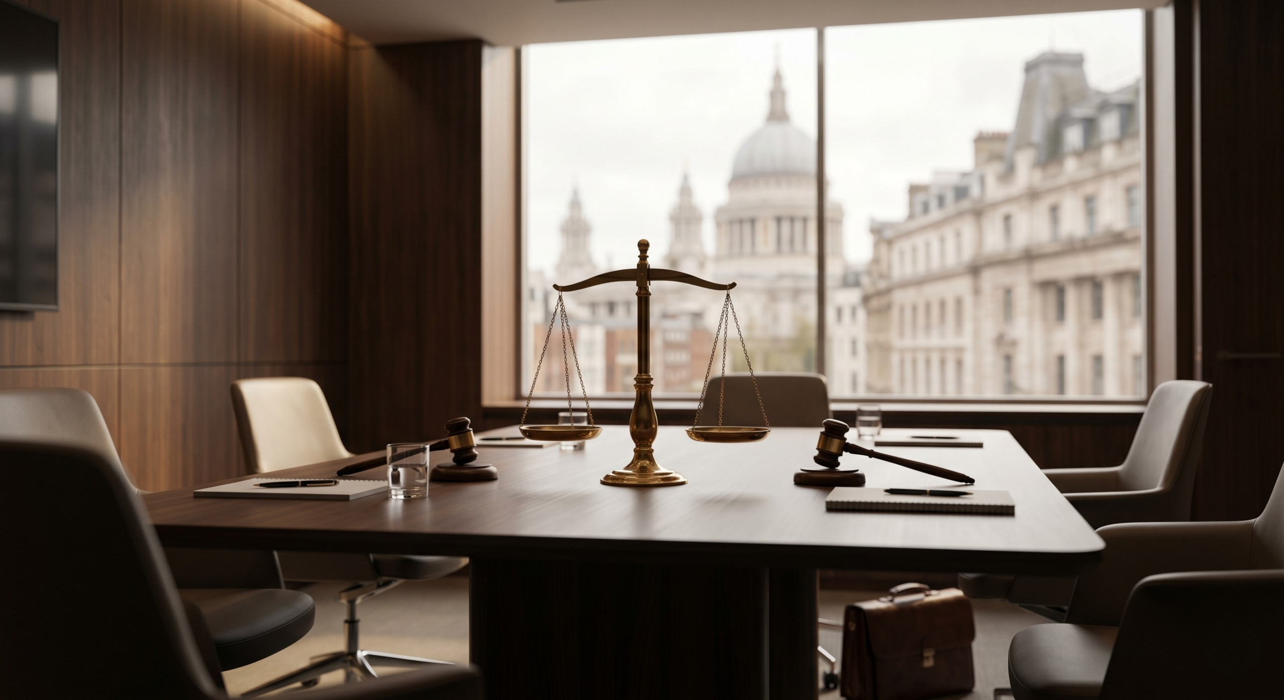 A brass scales of justice on a wooden conference table in a modern UK legal room, representing family court mediation.