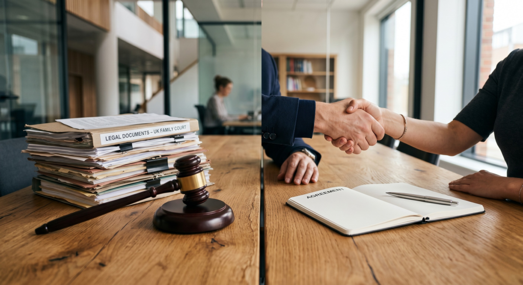 A professional mediator facilitating a peaceful family dispute resolution session in a modern office, representing the transition from courtroom litigation to mediation.
