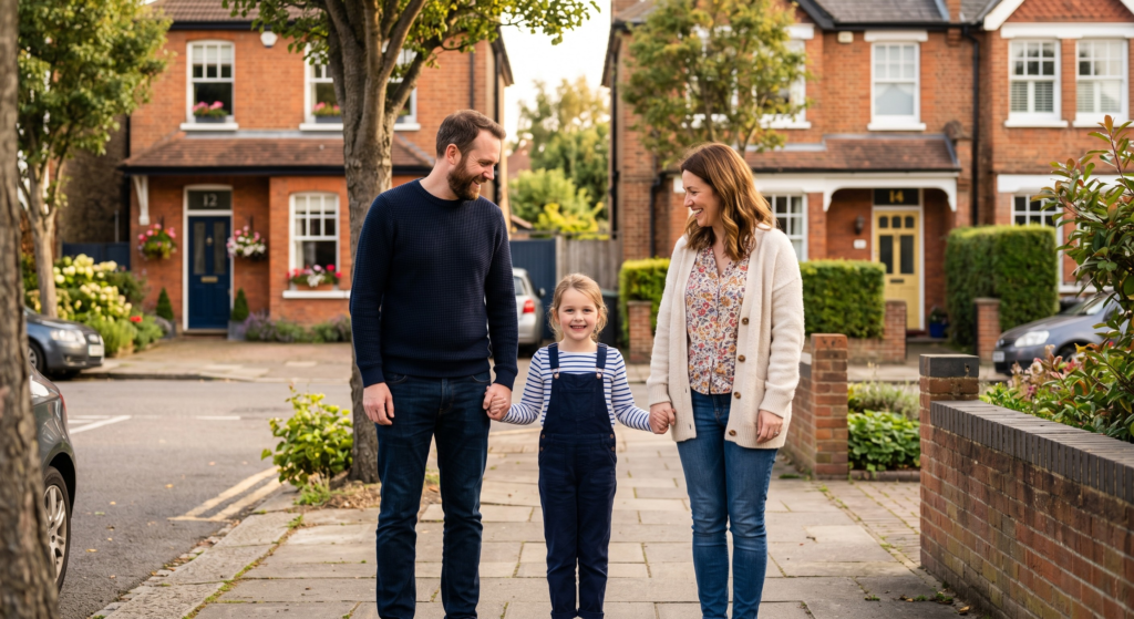 A happy child holding hands with both parents on a British suburban street, representing shared care and balanced living arrangements after separation.