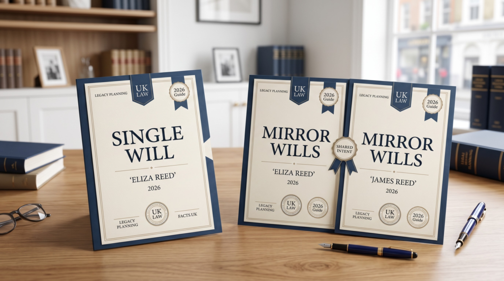 Comparison of Single Will and Mirror Wills legal documents on a wooden office desk in 2026.