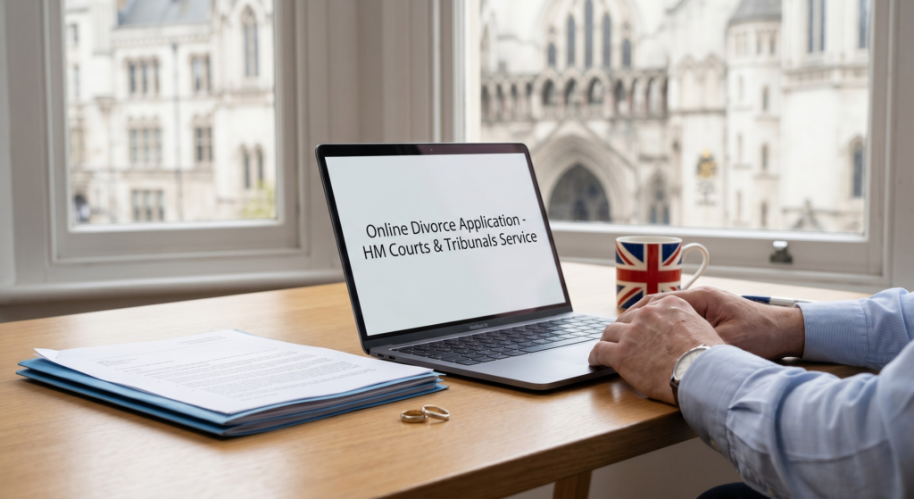 A laptop showing the HMCTS online divorce application with wedding rings on a desk, representing the UK legal divorce process.