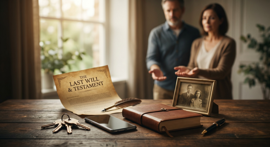 A cinematic photograph of everyday belongings (keys, smartphone, old photo) on a wooden table, separated from a 'THE LAST WILL & TESTAMENT' parchment and a quill pen. Two blurred figures watch from behind, illustrating the uncertainty of dying without a Will (Intestacy) and the complexities of distributing assets in the UK.