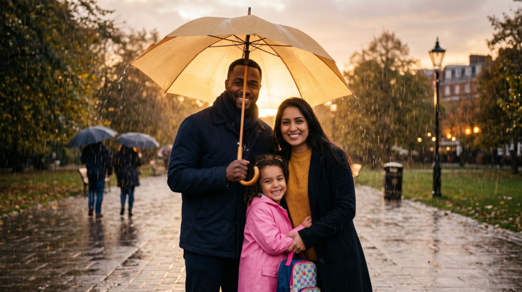 A happy British family standing safely under a golden umbrella, representing the legal protection and security provided by writing a Will.