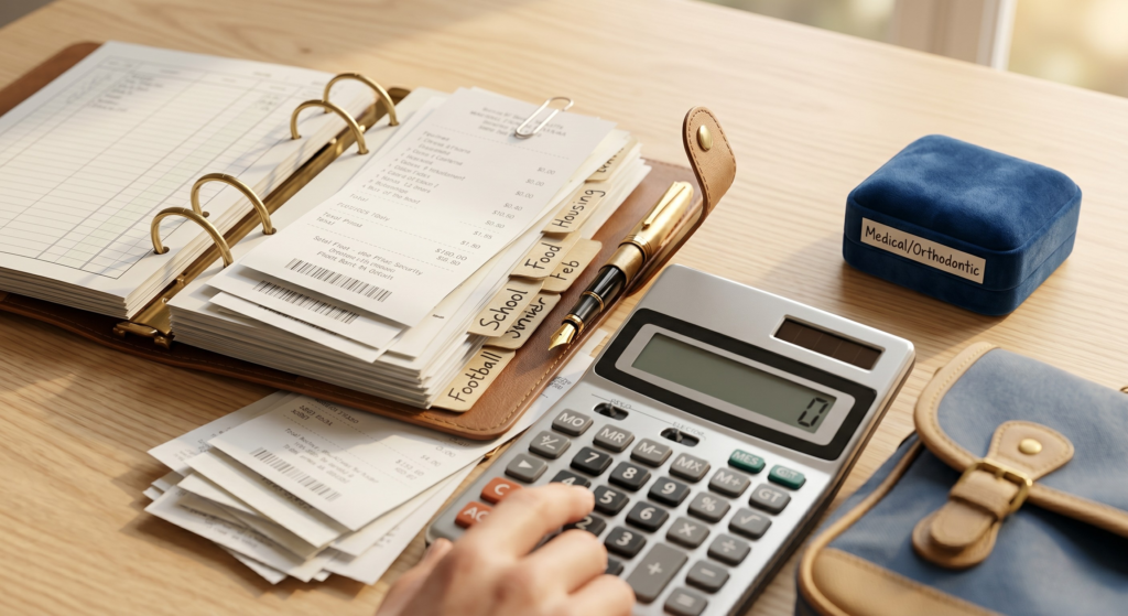 A clean desk with financial documents, receipts, and a calculator representing child maintenance planning in the UK.