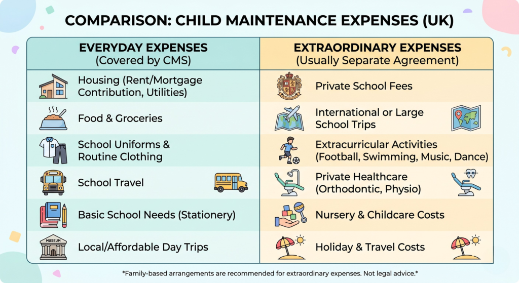 Infographic showing what child maintenance covers versus additional extracurricular and school trip costs in the UK.