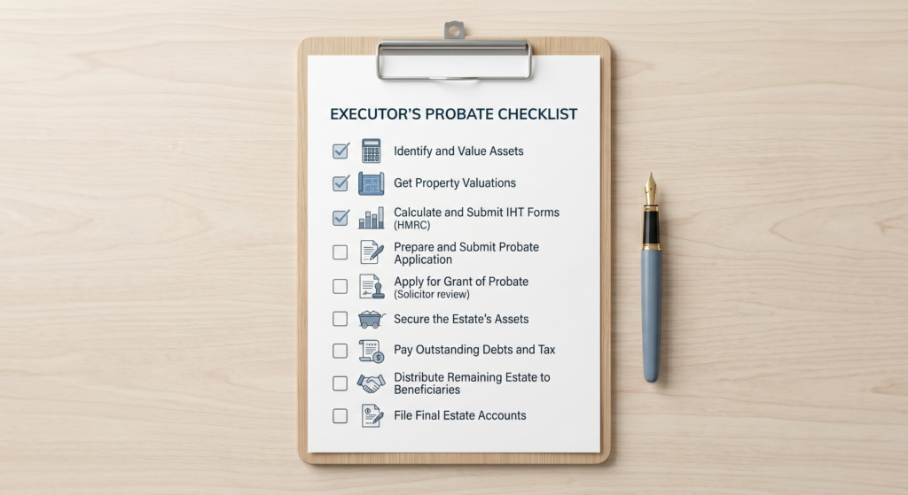 An executor's checklist graphic showing key tasks for managing an estate during probate.