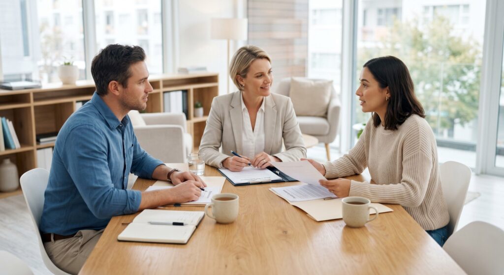 A professional mediator sitting with two people, discussing legal options and mediation paperwork in a modern, calm environment.