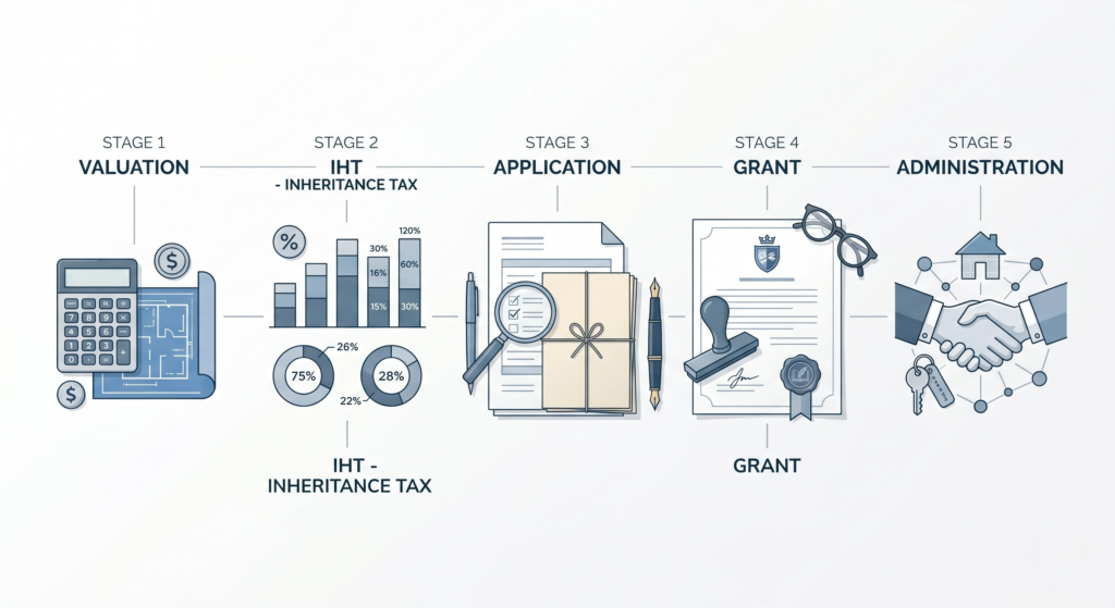 A 5-step flowchart illustrating the legal probate process for estate executors in the UK.