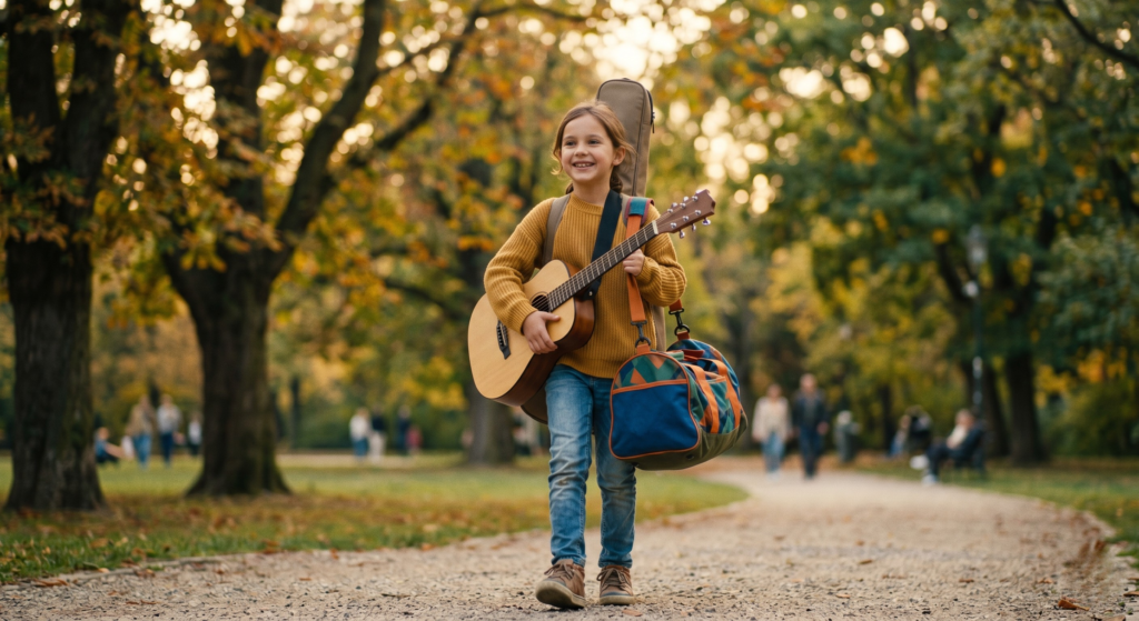 A happy child engaged in extracurricular activities like music and sports, illustrating the importance of supporting a child's lifestyle.