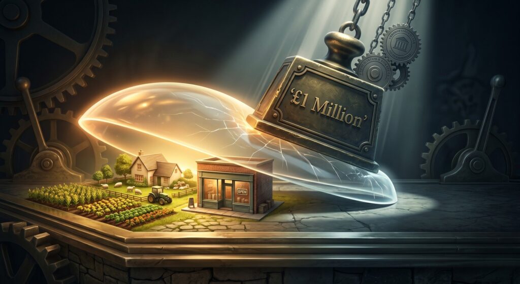 Illustration representing the new £1 million cap on 100% Agricultural Property Relief (APR) and Business Property Relief (BPR) coming into effect in April 2026.
