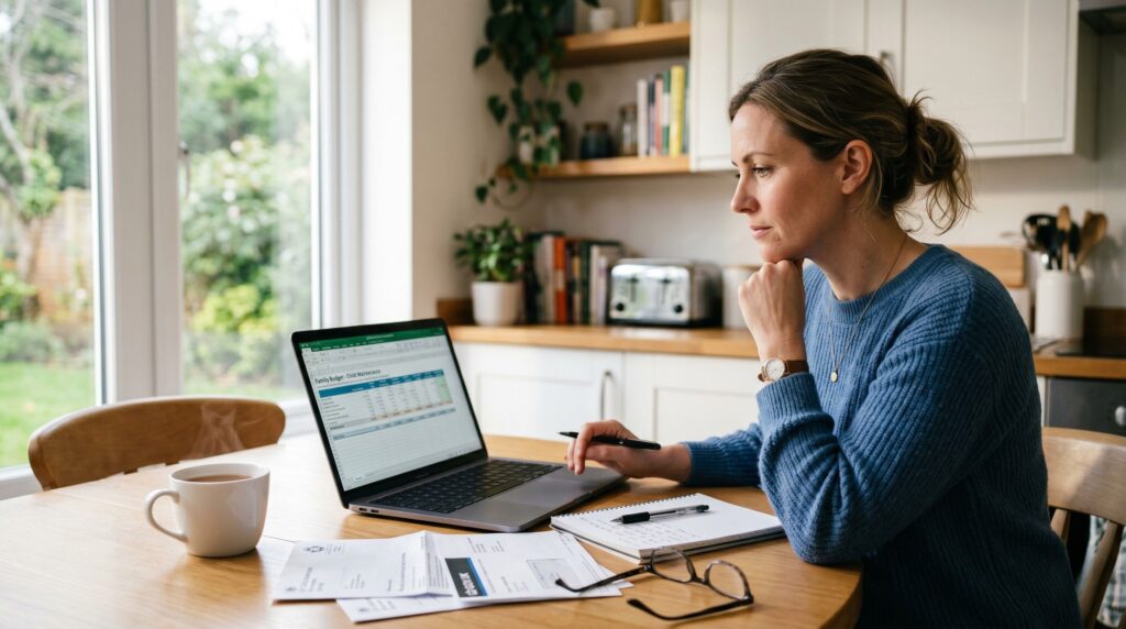 A parent reviewing Child Maintenance Service letters and a financial spreadsheet on a laptop to track unpaid maintenance arrears in the UK.