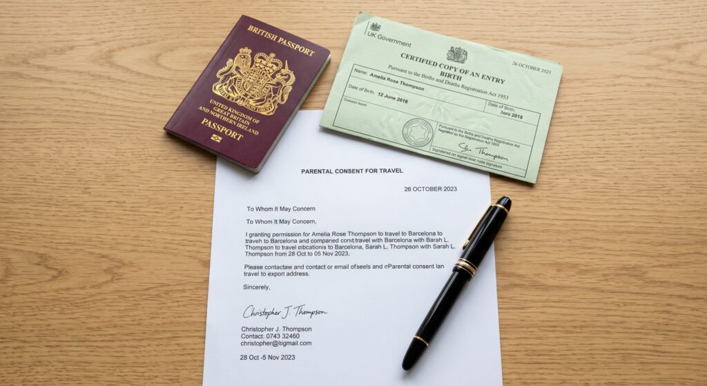 Top-down view of essential child travel documents including a passport, birth certificate, and a signed consent letter resting on a wooden desk.