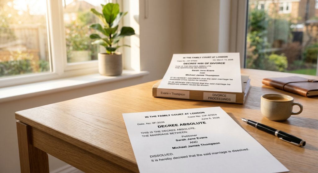A conceptual image showing the legal transition from Decree Nisi to Decree Absolute in the UK divorce process.