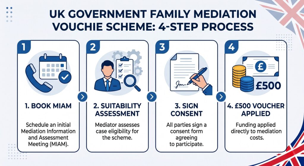 A 4-step infographic showing how to apply for the £500 Family Mediation Voucher, from booking a MIAM to the voucher being applied.