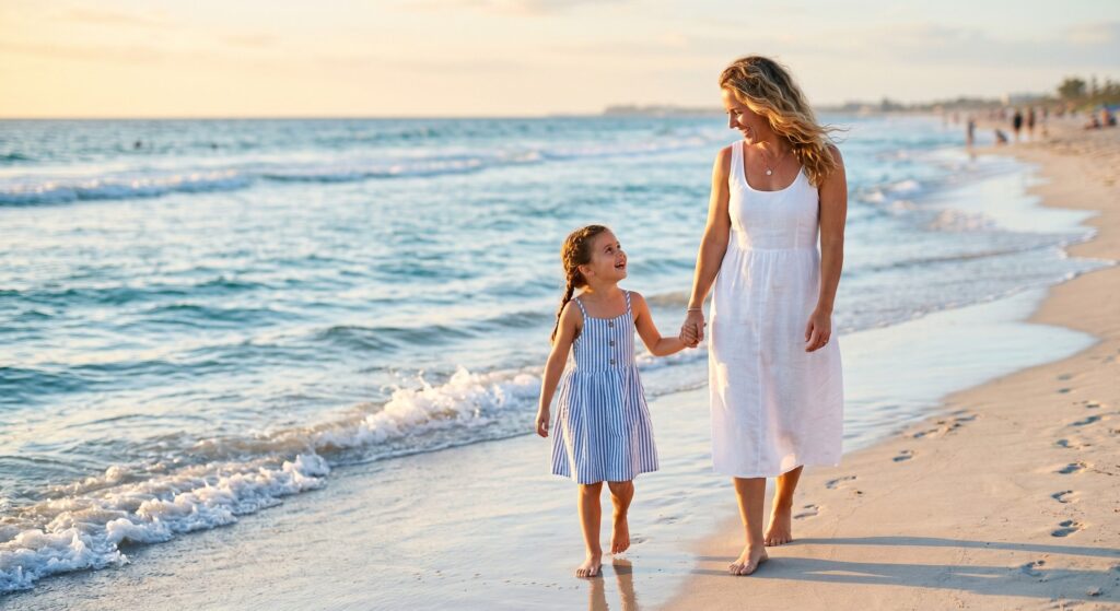 A happy mother and her young daughter holding hands and walking on a beautiful sunny beach during their summer holiday.