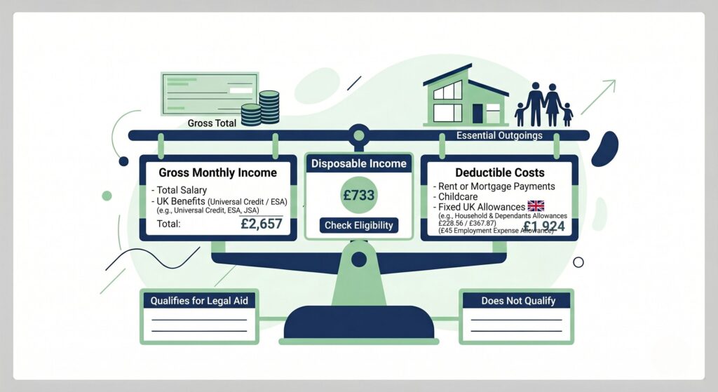 Infographic explaining the legal aid means test, showing the difference between gross monthly income and disposable income thresholds.