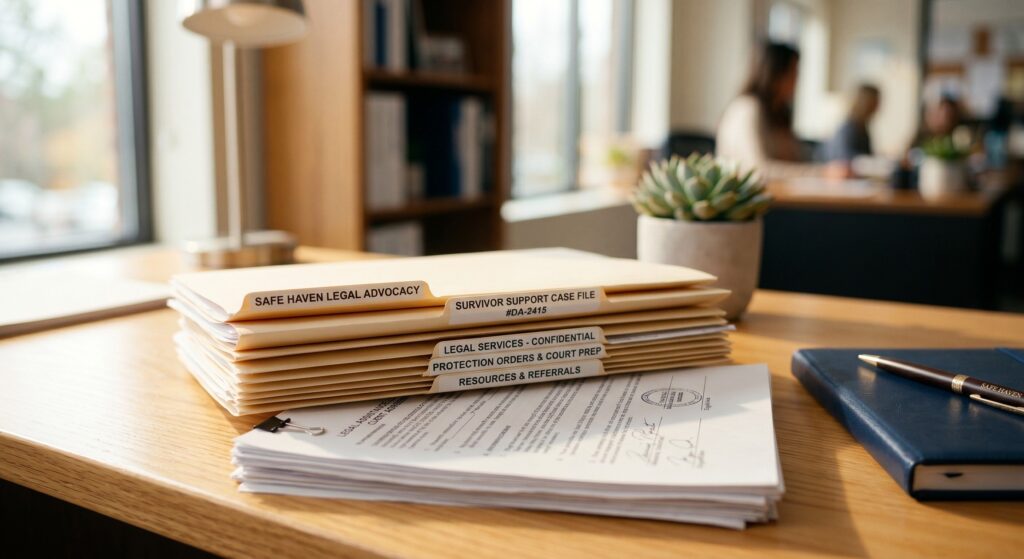 Neat file folders on an office desk representing legal defense, Non-Molestation Orders, and building a paper trail against abuse.