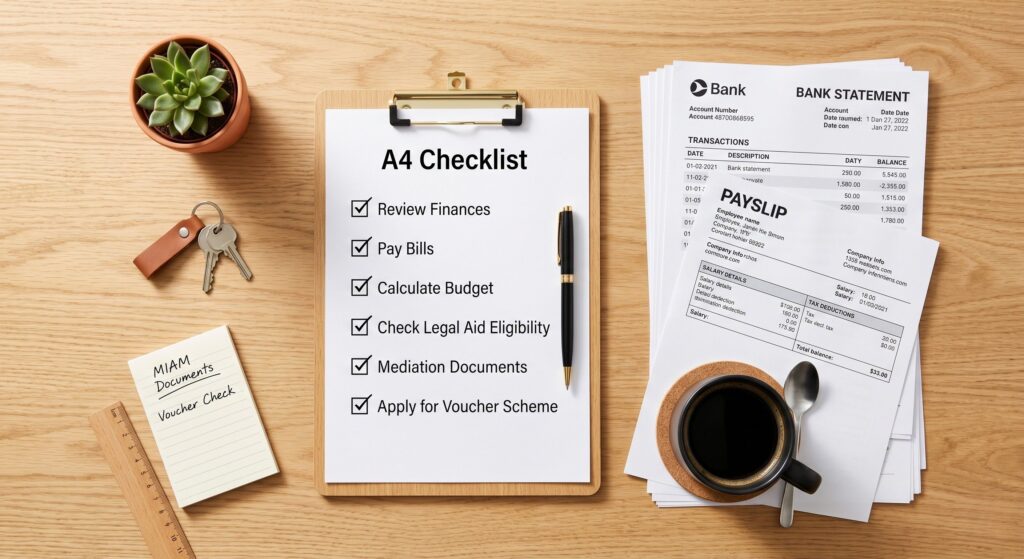 A desk flat-lay showing a checklist, bank statements, and payslips needed for a Mediation Information and Assessment Meeting (MIAM).