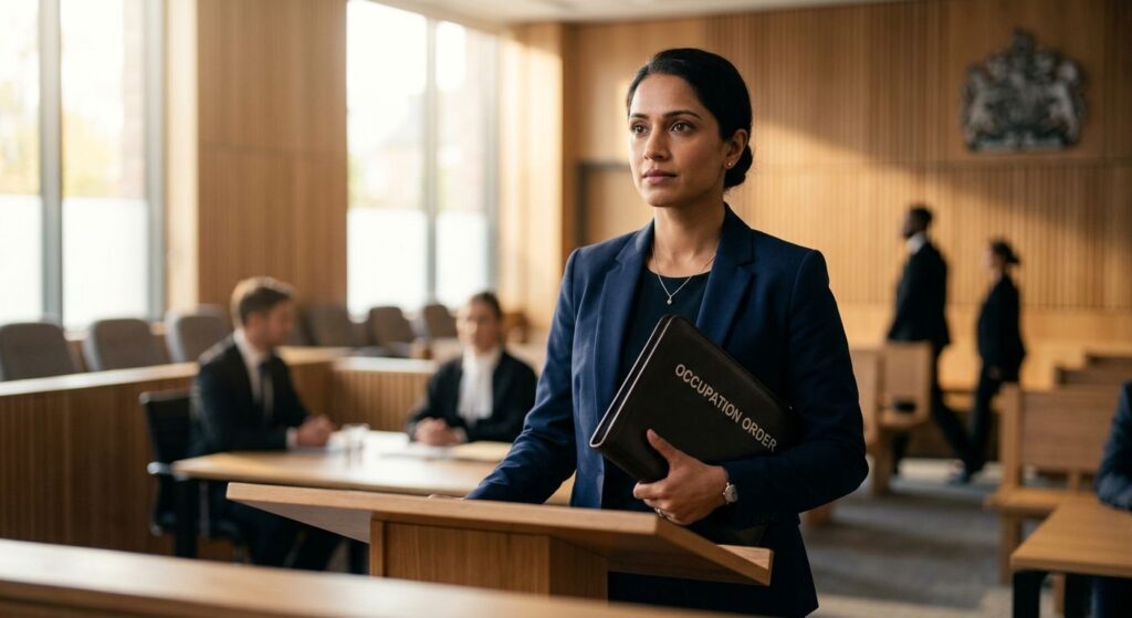 A confident woman standing behind a wooden lectern in a sunlit family court, holding an 'OCCUPATION ORDER' folder.