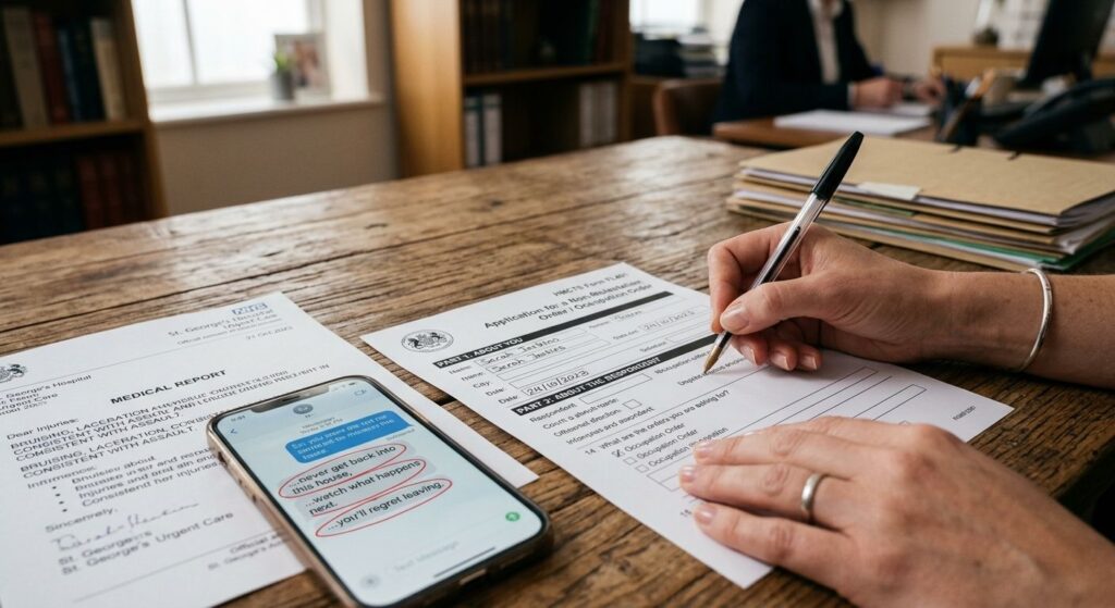 A close-up photograph of a woman’s hands carefully filling out the HMCTS Form FL401 on a wooden desk, surrounded by printed medical reports and highlighted text message evidence.