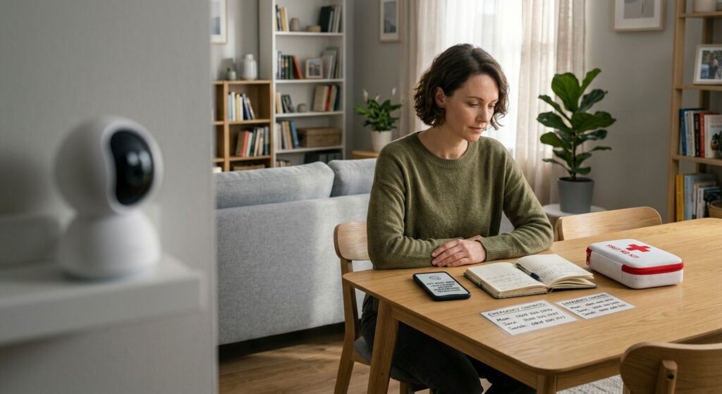 A woman sitting at a table in a calm living room, reviewing her safety planning kit including a diary and emergency contact list.