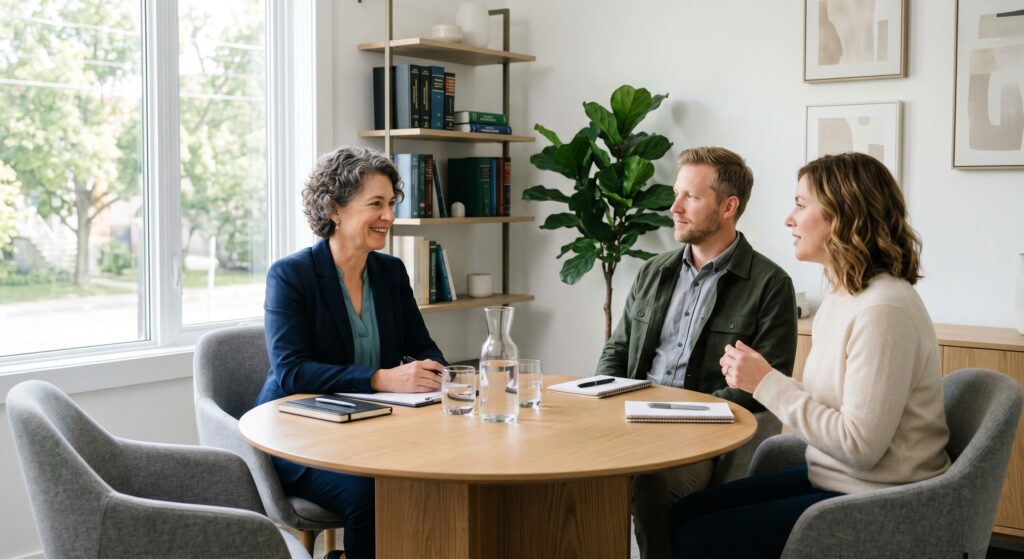 A separating couple having a calm and cooperative discussion with a professional mediator in a well-lit office.