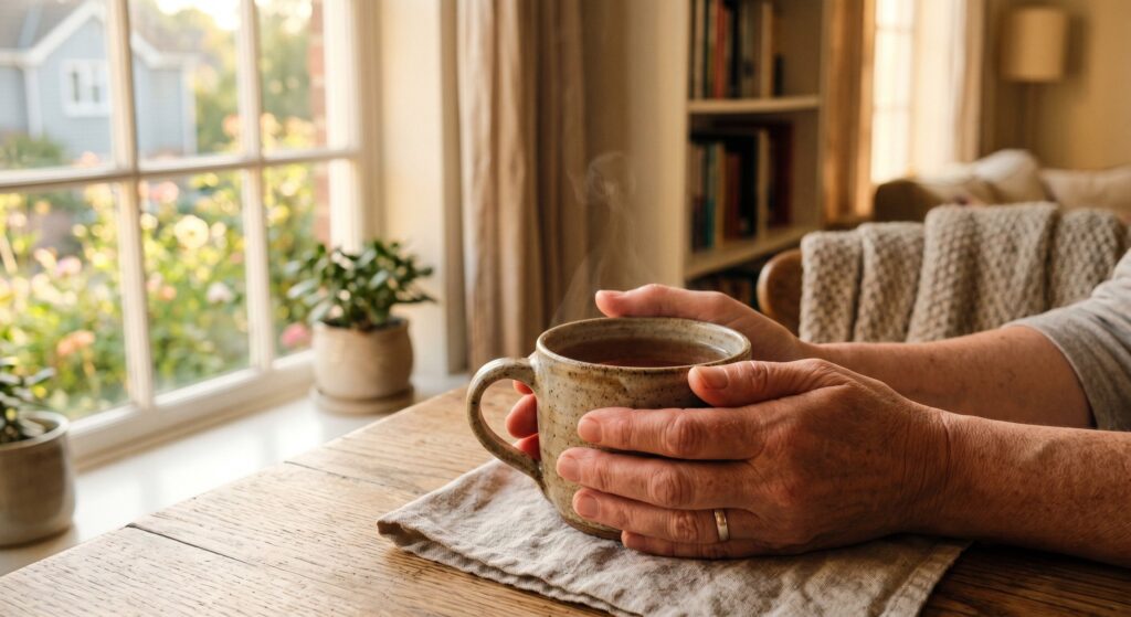Hands holding a warm mug of tea in soft morning sunlight, symbolizing hope, safety, and taking the first step to reach out for help.