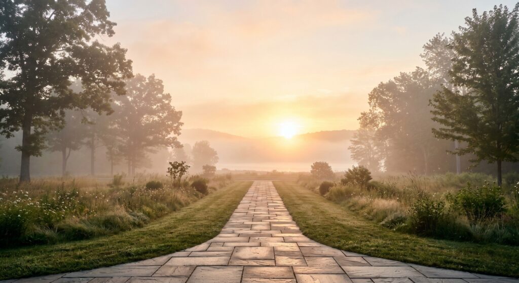 A serene sunrise over a clear path, representing patience and the successful resolution of child maintenance disputes in the UK.