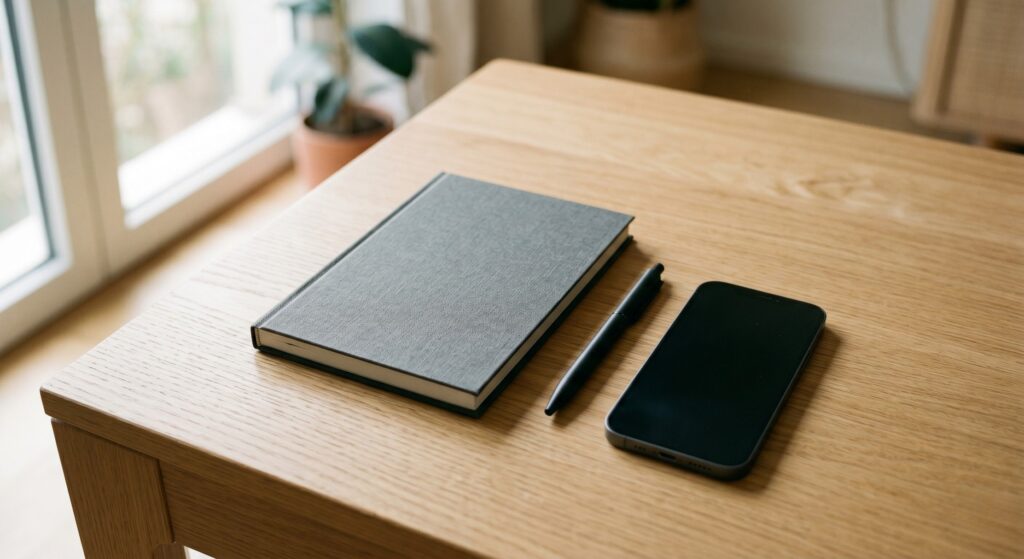 A notebook, pen, and mobile phone on a desk, representing safety planning and careful documentation for domestic abuse support.
