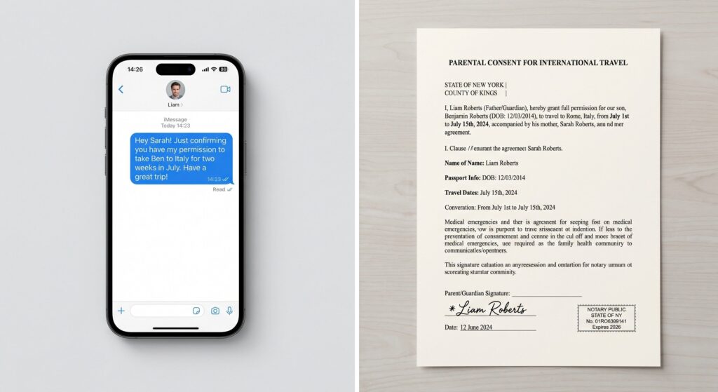 A side-by-side comparison showing a smartphone text message next to a formal signed paper document.