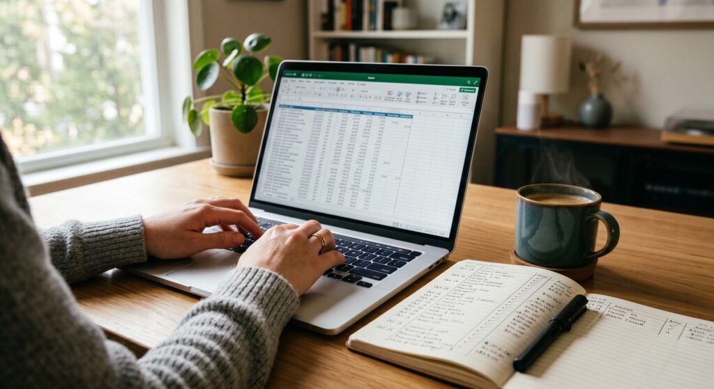 A parent keeping a detailed record and tracking missed child maintenance payments using a laptop and notebook.