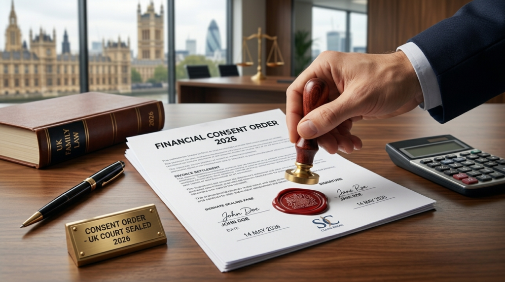 A close-up view in a UK solicitor's office of a professional hand applying a formal red wax UK Court Seal to a finalized, signed Financial Consent Order document dated 2026, achieving a clean break.