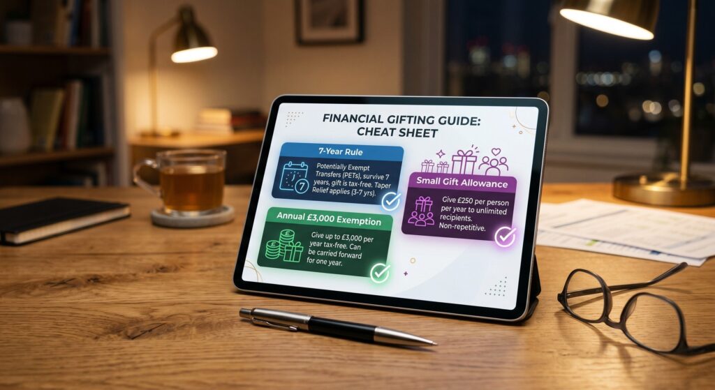 A visual cheat sheet summarizing the UK Inheritance Tax gifting exemptions, including the 7-year rule, the £3,000 annual exemption, and small gift allowances.