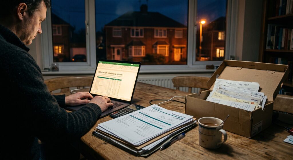 A detailed breakdown of the UK Inheritance Tax 2026 rules, showing official tax documents and a residential property model.