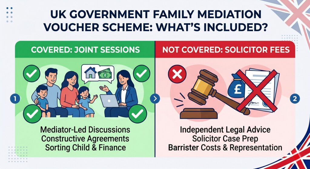 A comparison graphic showing that the mediation voucher covers joint sessions but does not cover initial MIAMs or solicitor fees.