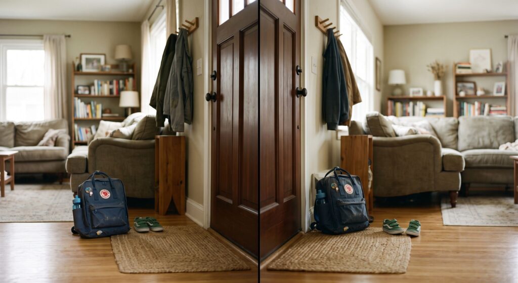 Child's belongings packed by the door representing a 50/50 custody arrangement between two homes