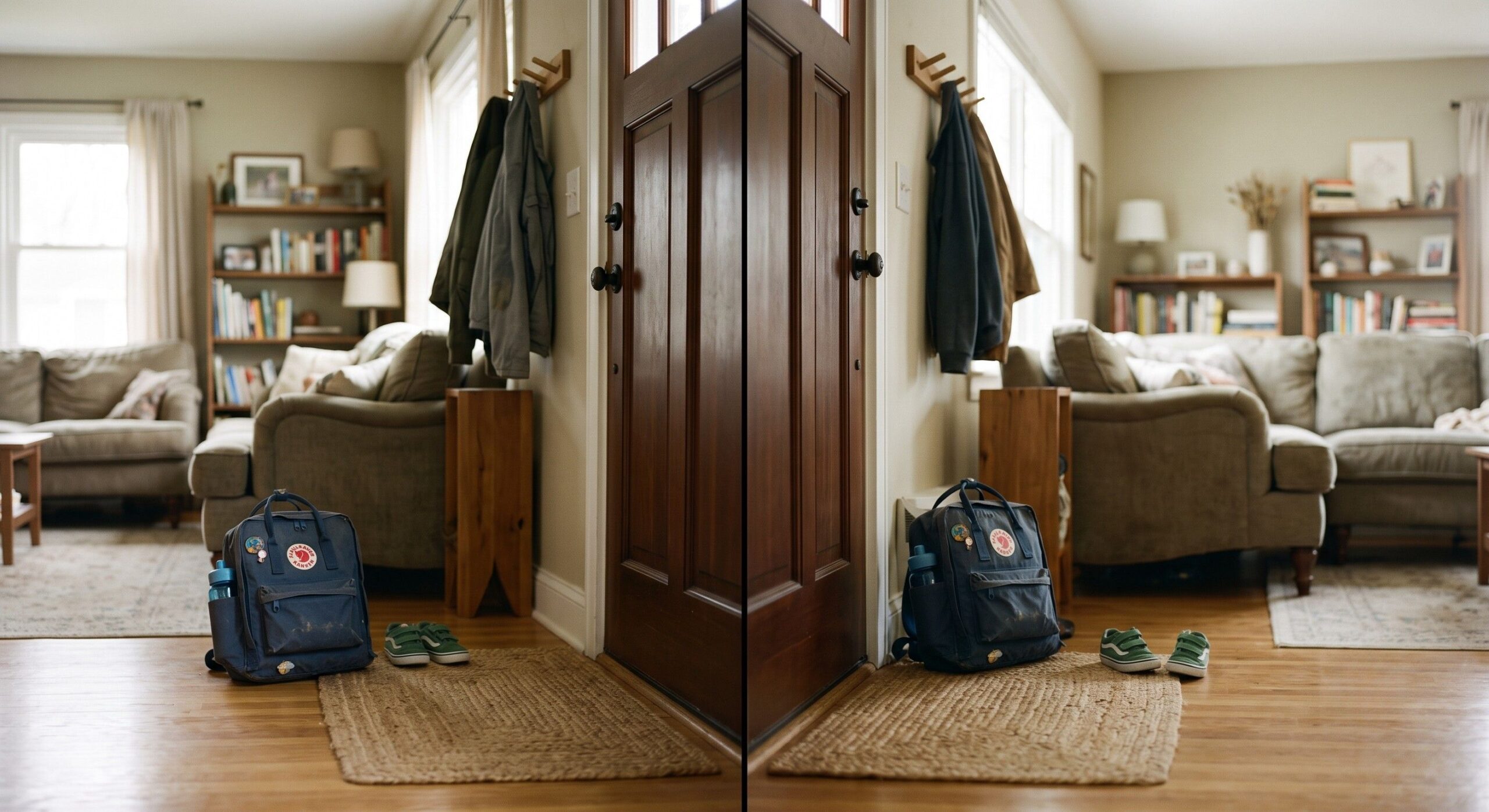 Child's belongings packed by the door representing a 50/50 custody arrangement between two homes