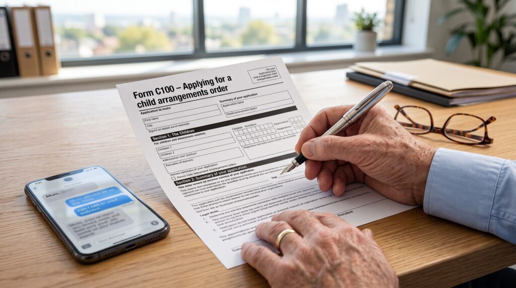 An older person's hand holding a pen, ready to fill out a formal C100 Family Court application document on a well-lit desk, representing the formal legal steps required.