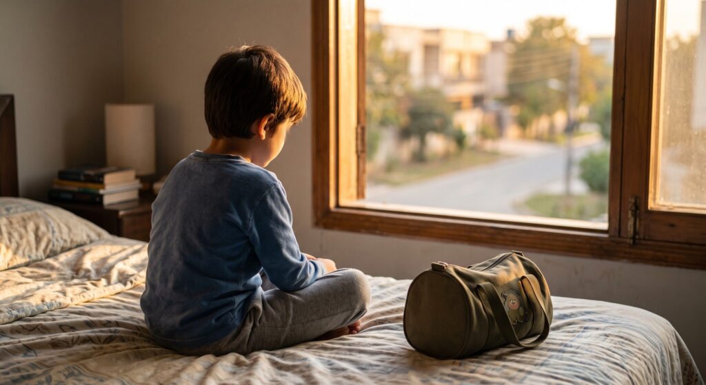 Child packing a bag before a custody transition showing the emotional effects of shared custody