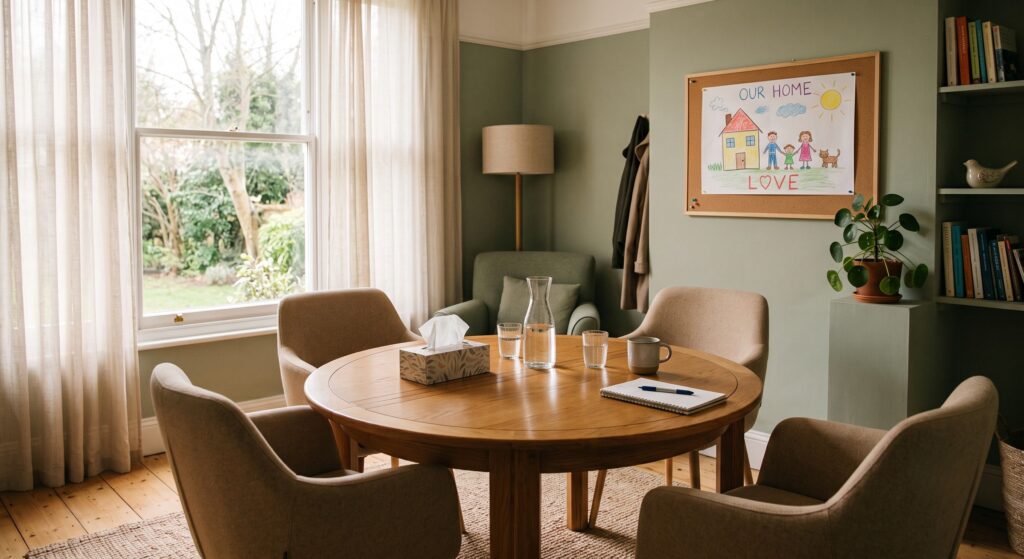 Calm family mediation room set up for child-focused mediation session