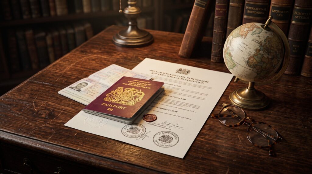 A burgundy UK passport resting on top of official legal partnership paperwork, placed next to a small vintage globe, illustrating the international considerations of civil partnerships.