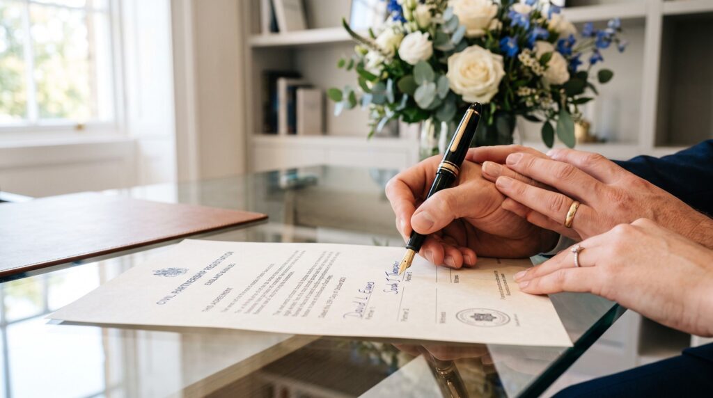 A close-up of two people holding a pen together to sign an official civil registration document in a modern, secular setting, representing the legal formation of a partnership.